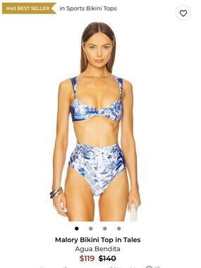 NWT Agua Bendita Malory Bikini Top - Blue & White Tale Print $154